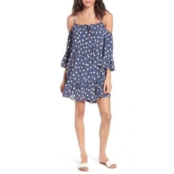 Tularosa Women's Hattie Dress Cold Shoulder Tier Ruffled Mini Blue White Ink Dot - Picture 1 of 10